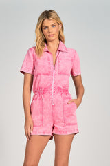 Scrunch Waist Collared Zipped Romper Pink