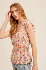 Flutter Sleeve Peplum Floral Blouse Multi