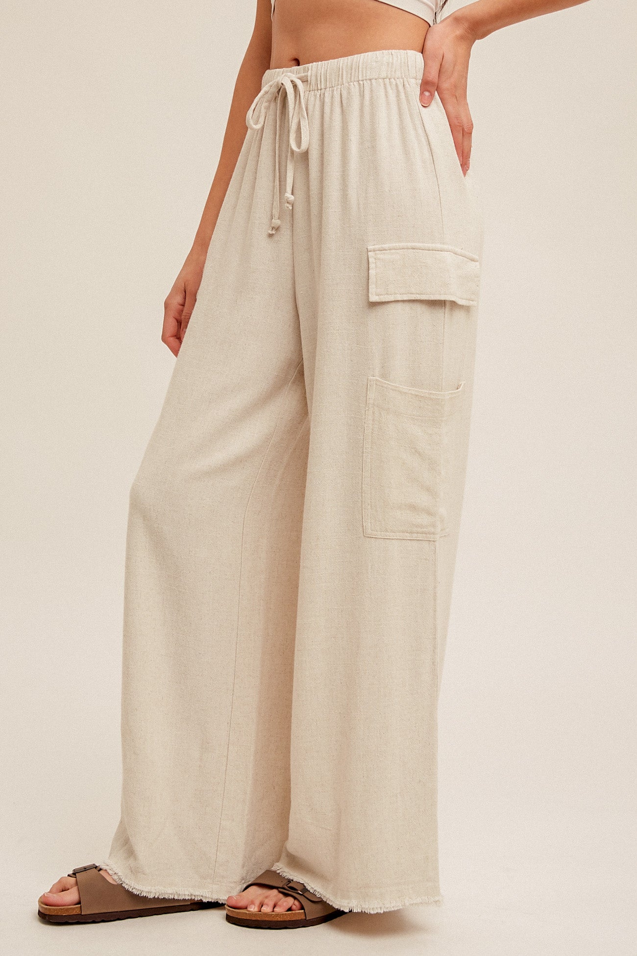 Cargo Pocket Side Fringe Hem Linen Pants Ecru