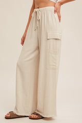 Cargo Pocket Side Fringe Hem Linen Pants Ecru