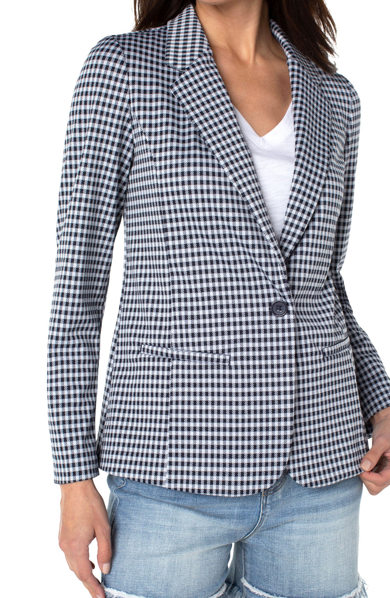 Fitted Notch Collar Printed Blazer Navy + White Gingham