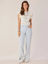 Short Flutter Sleeve Broken Stripe Sweater Top Off White