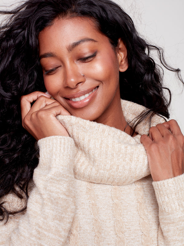 Cable Knit Round Hem Turtleneck Sweater Almond