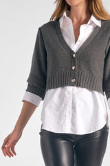 Vintage Button Half Sleeve Layered Sweater Top Gunmetal Grey