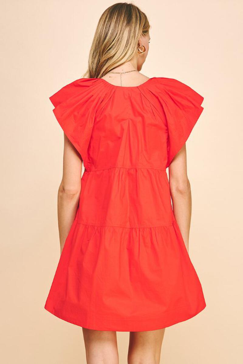 Cap Sleeve Vneck Tiered Mini Dress Tomato