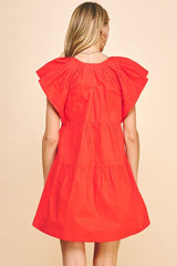 Cap Sleeve Vneck Tiered Mini Dress Tomato