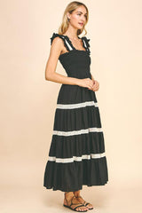 Ruffle Strap Crochet Trim Tiered Maxi Dress Black