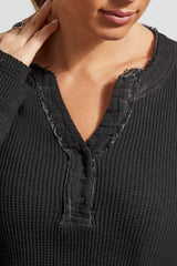 Fray Hem Double Layered Cuff Henley Black