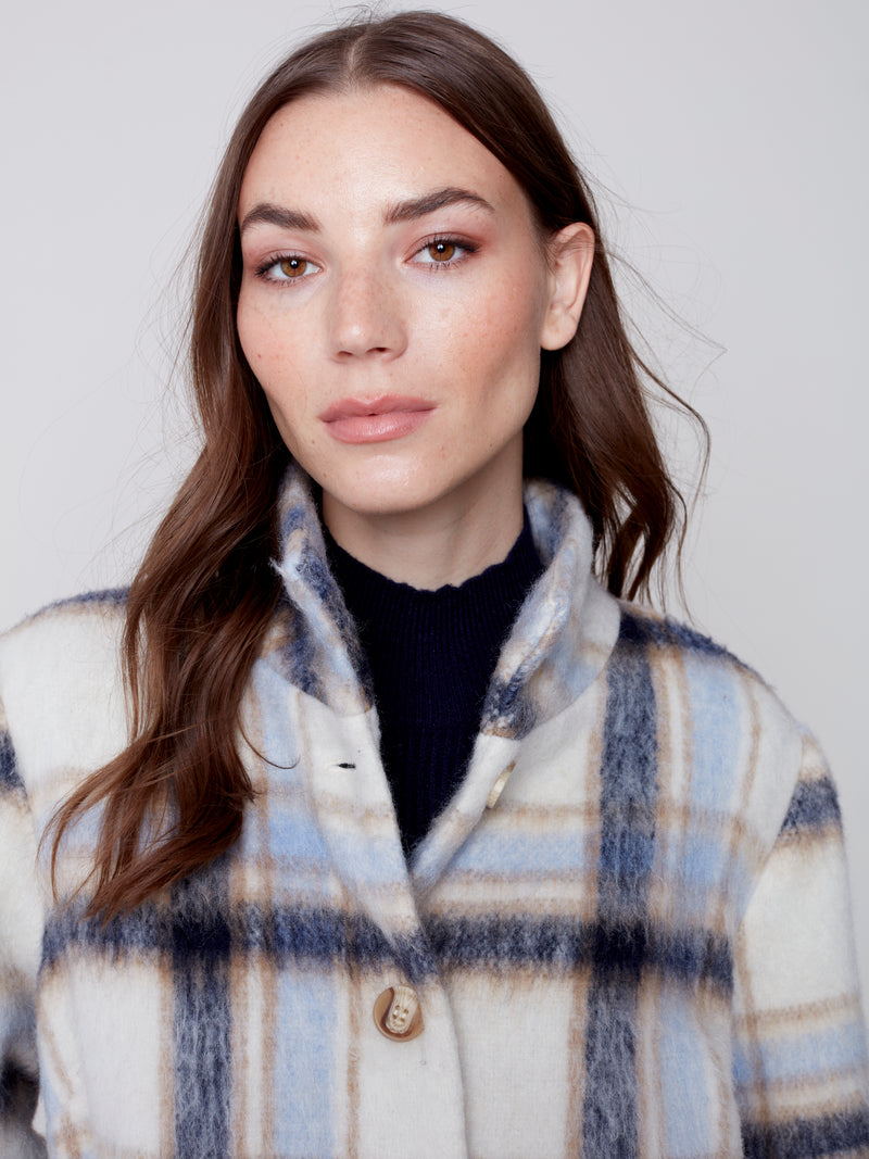 Plaid Brushed Wool Funnel Collar Coat