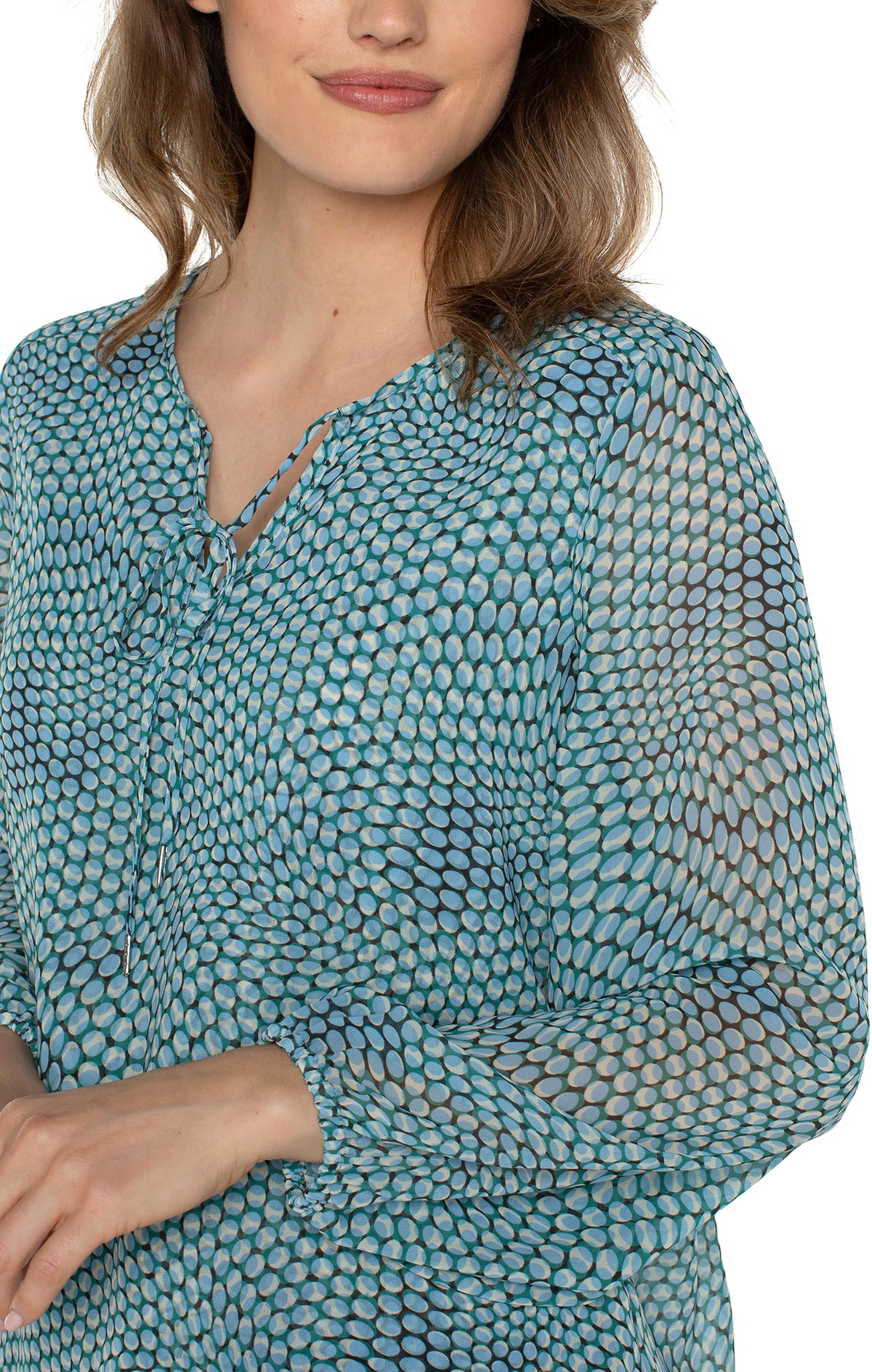 Sheer Printed Tie Front Shirred Back Blouse Ocean Blue Dot