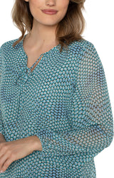 Sheer Printed Tie Front Shirred Back Blouse Ocean Blue Dot