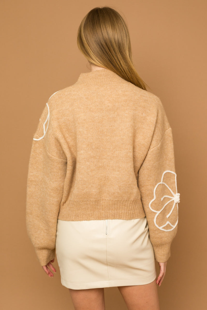 Flower Embroidery Mock Neck Sweater Taupe + Ivory