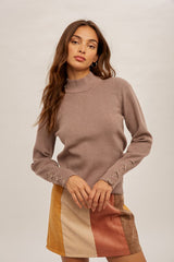 Mock Neck Lace Up Cuff Sweater Mushroom Grey