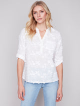 Tonal Emb. Roll Tab Sleeve Blouse White