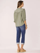 Lantern Sleeve Ruffle Buttoned Yoke Shirt Oregano