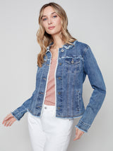 Stretch Denim Frayed Edge Jacket Medium Blue
