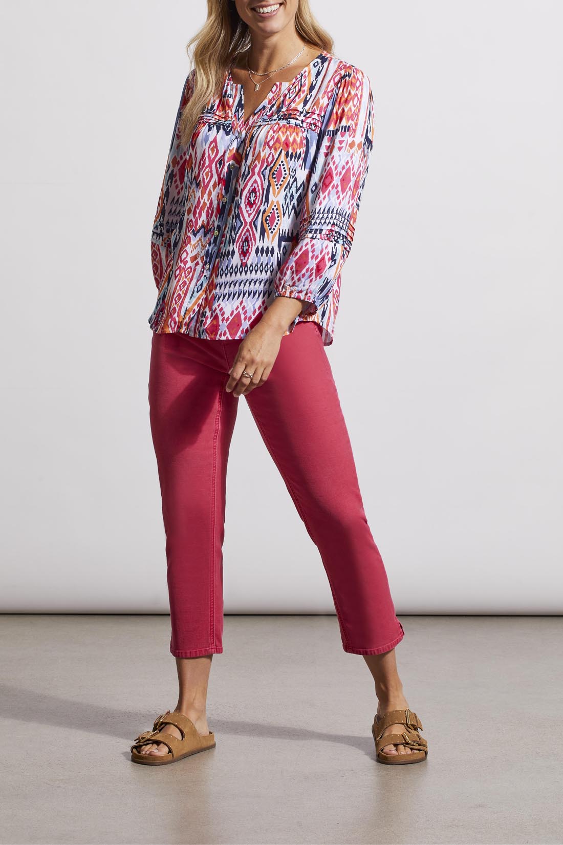3/4 Sleeve Button Front Pleated Print Blouse Jet Blue