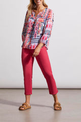 3/4 Sleeve Button Front Pleated Print Blouse Jet Blue