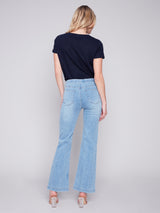 Detailed Button Waist Flare Twill Pants Light Blue