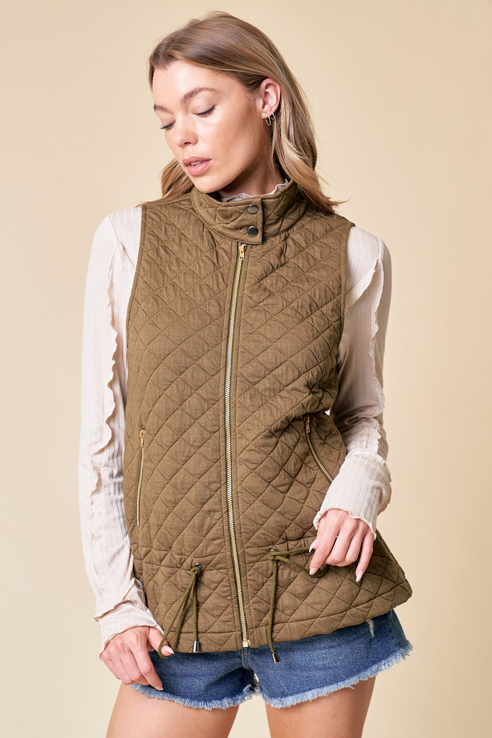 Quilted Drawstring Waist Vest Olive