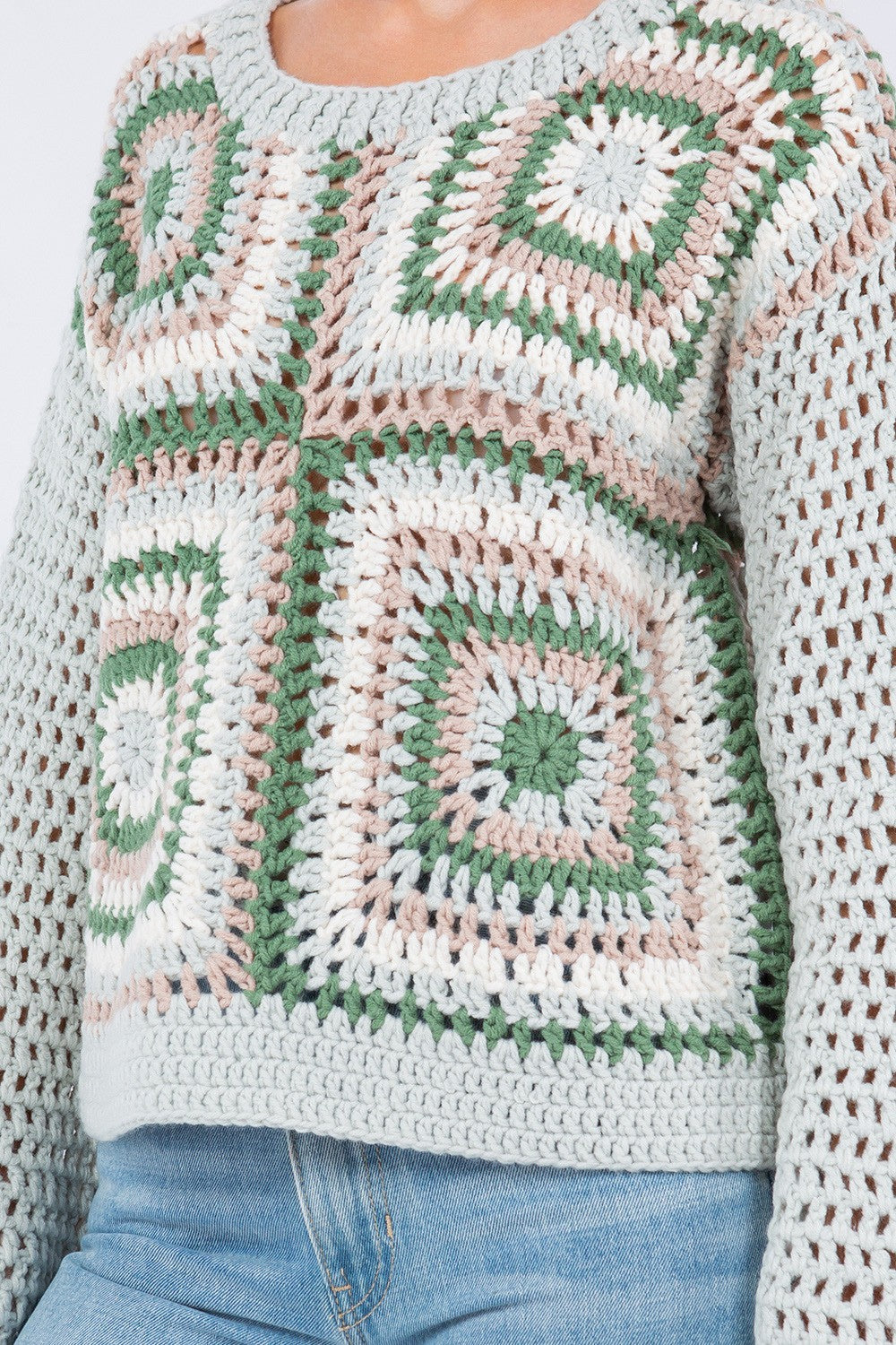 Open Knit Crochet Squares Sweater Sage