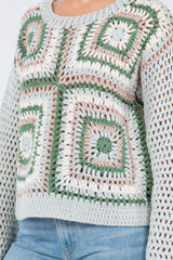 Open Knit Crochet Squares Sweater Sage