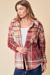Buffalo Plaid Buttoned Fuzzy Sherpa Jacket Berry