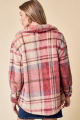 Buffalo Plaid Buttoned Fuzzy Sherpa Jacket Berry