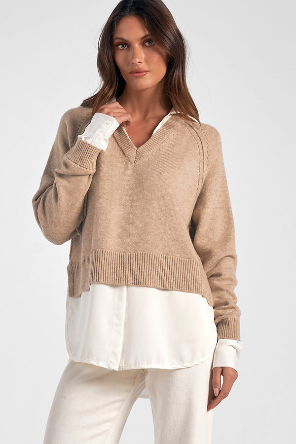 Two Fer Layered Collared Shirt Sweater Taupe