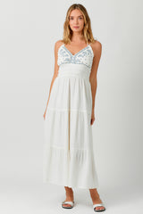 Halter Emb. Long Tiered Dress Ivory