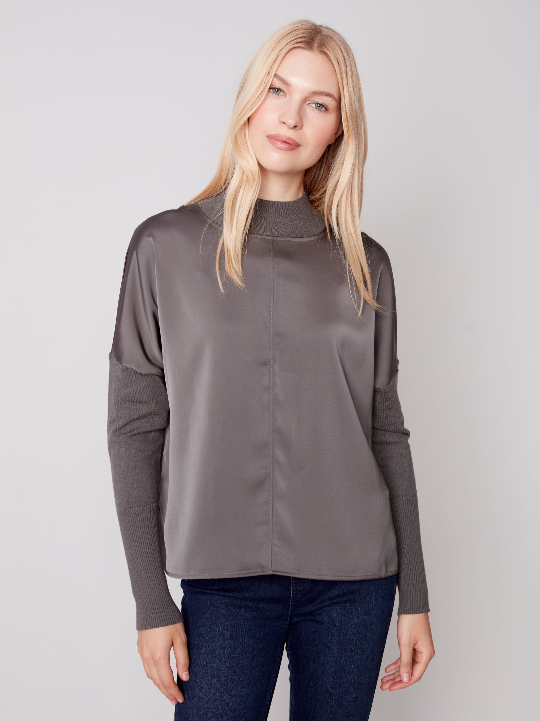 Mock Neck Satin Knit Top Spruce