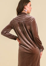 Button Up Velvet Midi Shirt Dress Almond