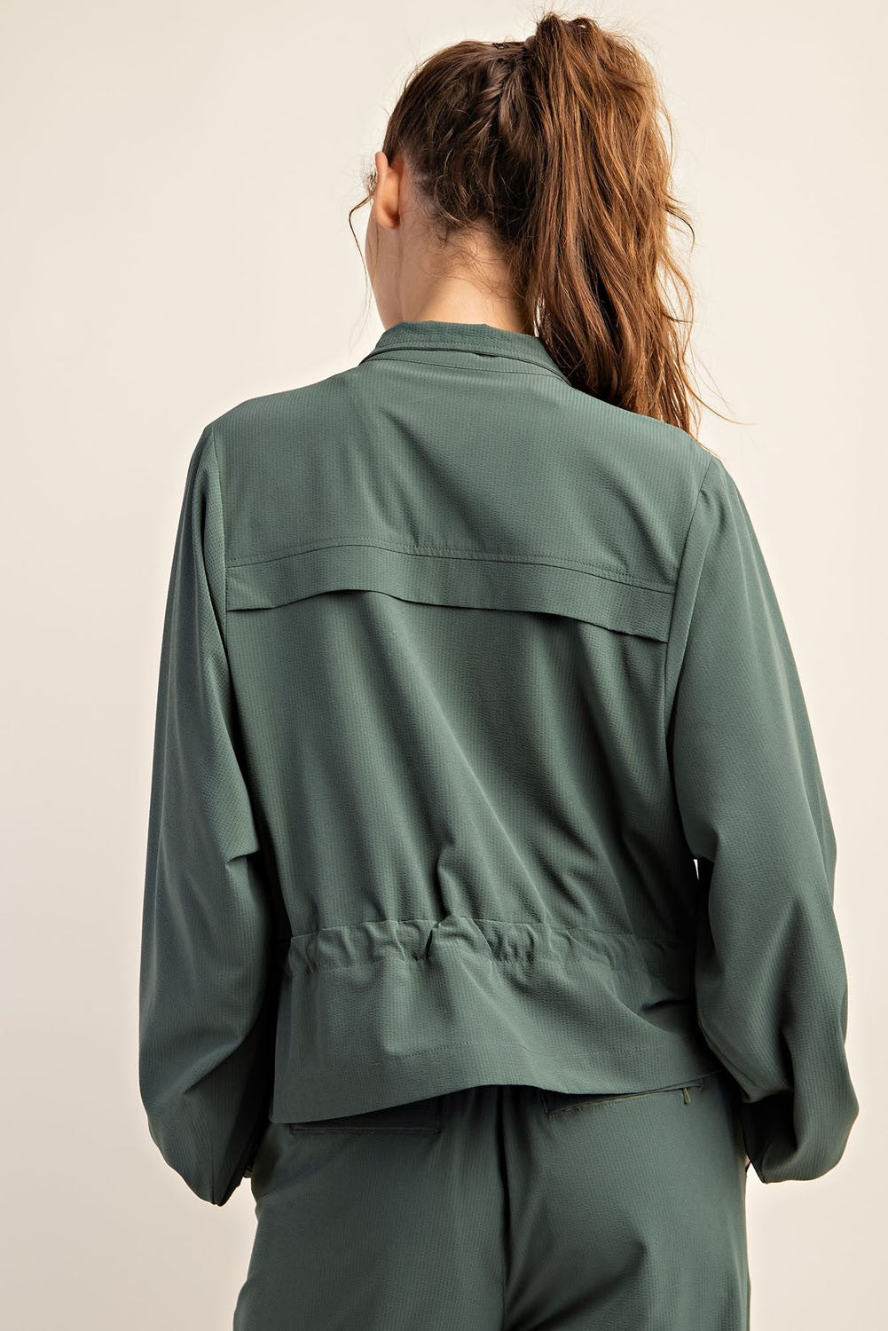 Crinkle Woven Oversize Flap Pocket Jacket Sage Leaf