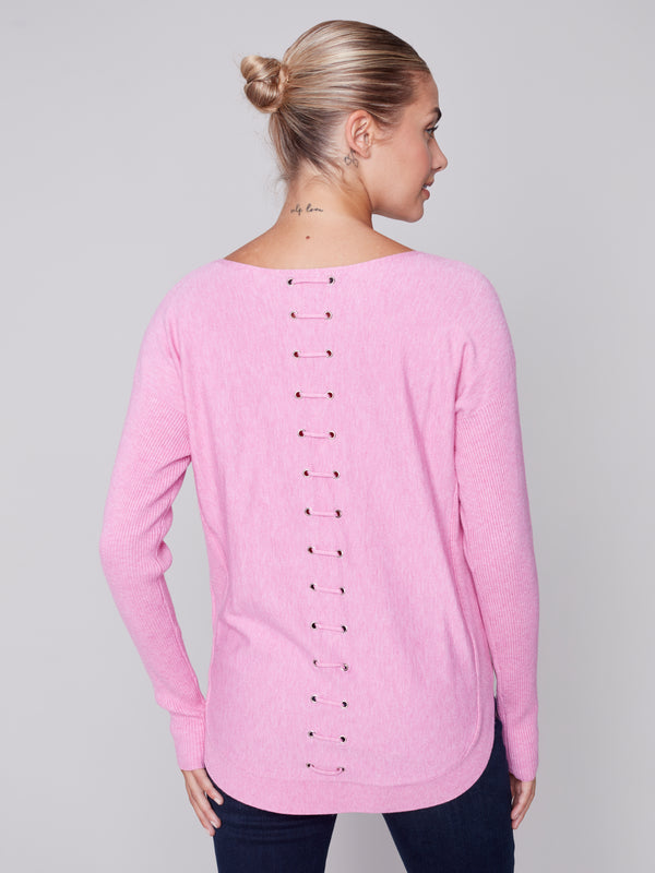 Rounded Hem Plushy Knit Back Detail Sweater Heather Orchid