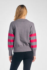 Collared Drop Shoulder Sweater Top Grey Fuchsia Stripe