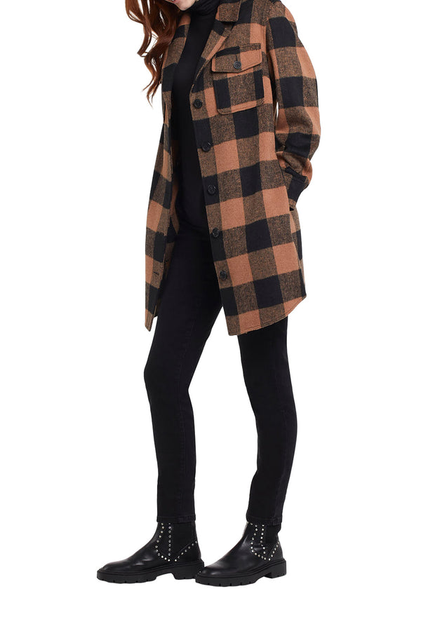 Notch Collar Plaid Long Shacket Sepia