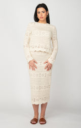 Scallop Hem Crochet Elastic Waist Midi Skirt Oatmeal
