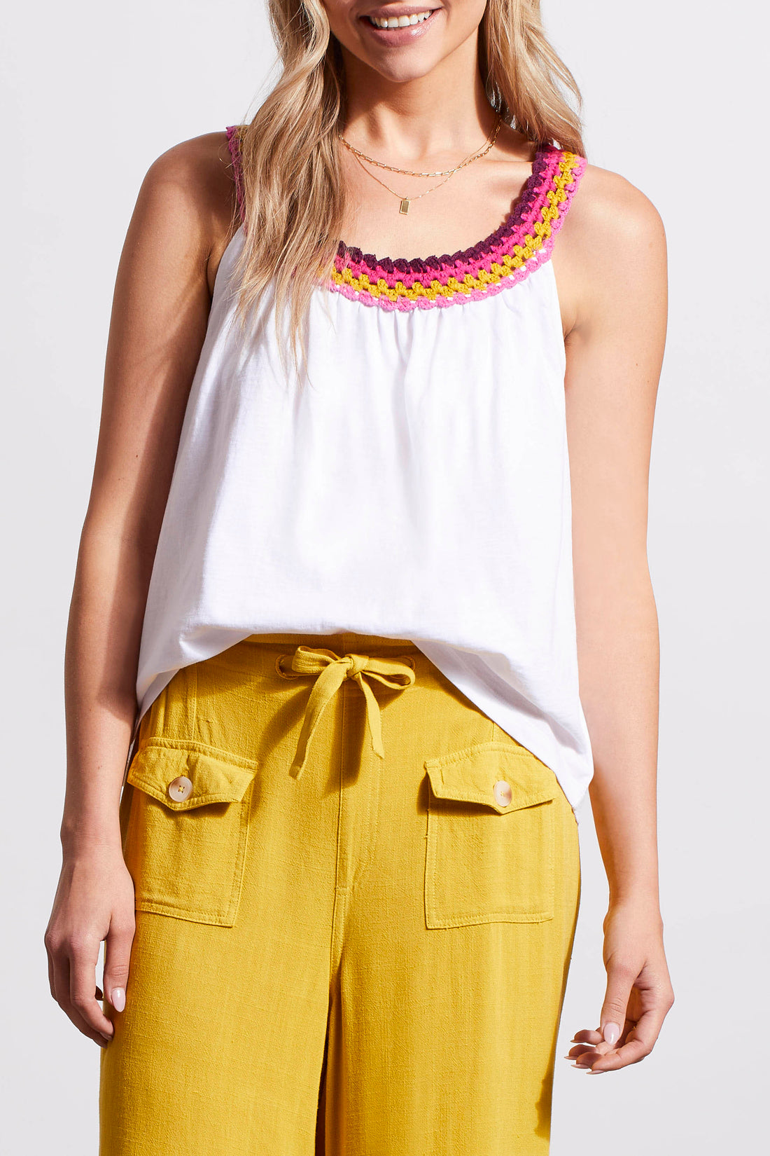 Stripe Crochet Neckline Sleeveless Top White