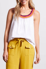 Stripe Crochet Neckline Sleeveless Top White