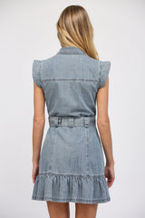 Button Front Belted Washed Denim Flutter Cap Dress Light Denim