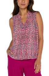 Smocked Neck Sleeveless Blouse Fuchsia Paisley Multi