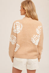 Mock Neck Floral Texture Details Sweater Tan