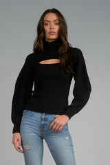 Open Neck Puff Sleeve Sweater Black