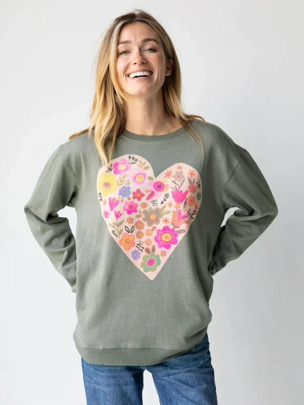 Floral Heart Comfy Pocket Sweatshirt Green