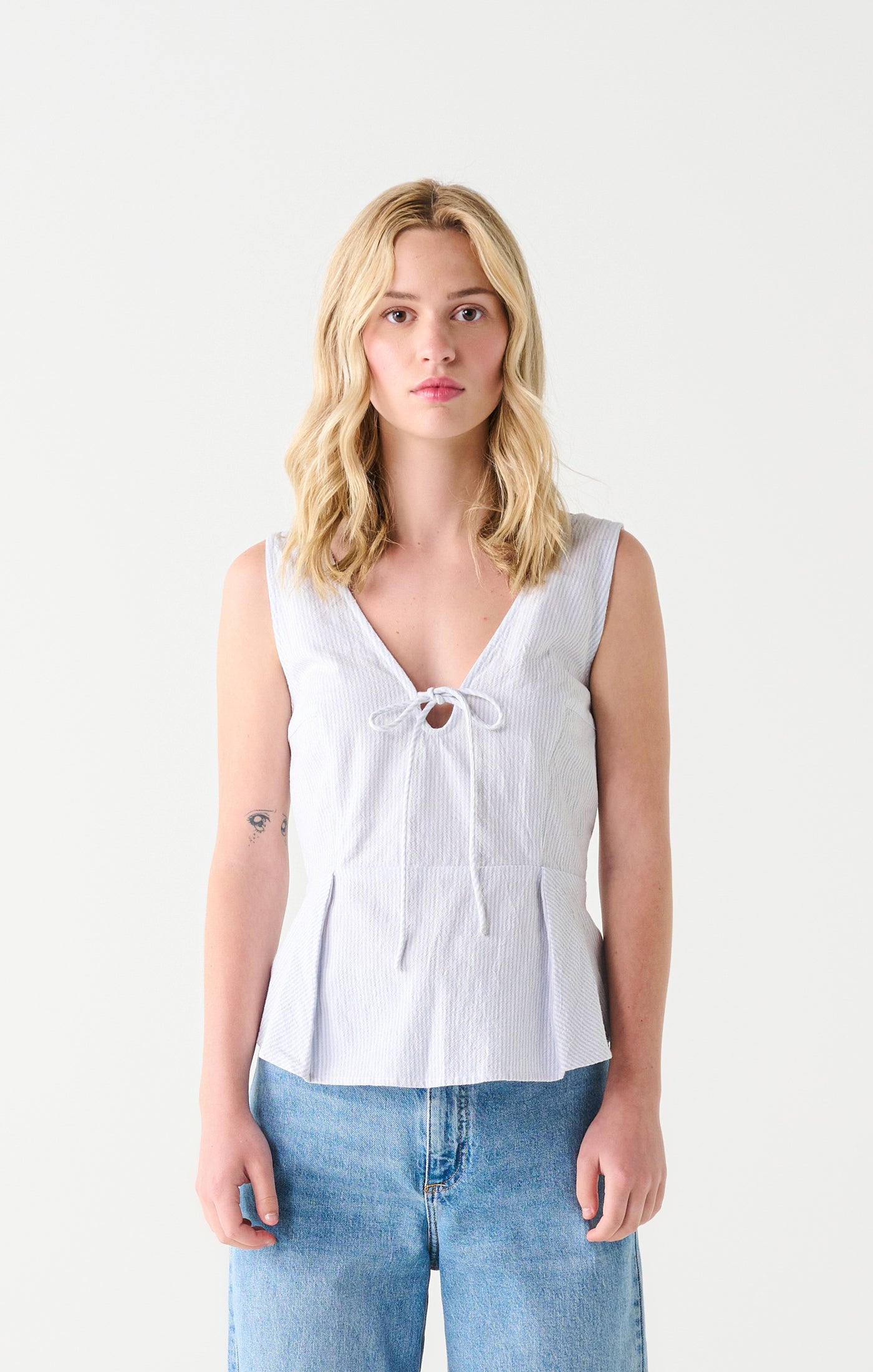 Tie Front Peplum Stripe Tank Cloud + White