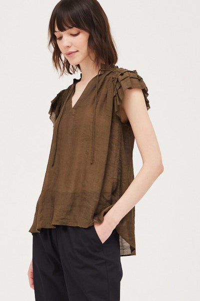 Woven Ruffle Tie Neck Blouse Chestnut