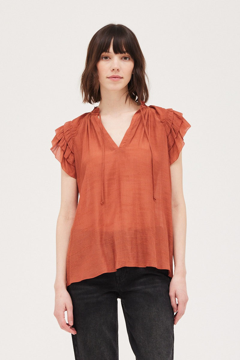 Hammered Satin Ruffle Tie Neck Blouse Red Clay