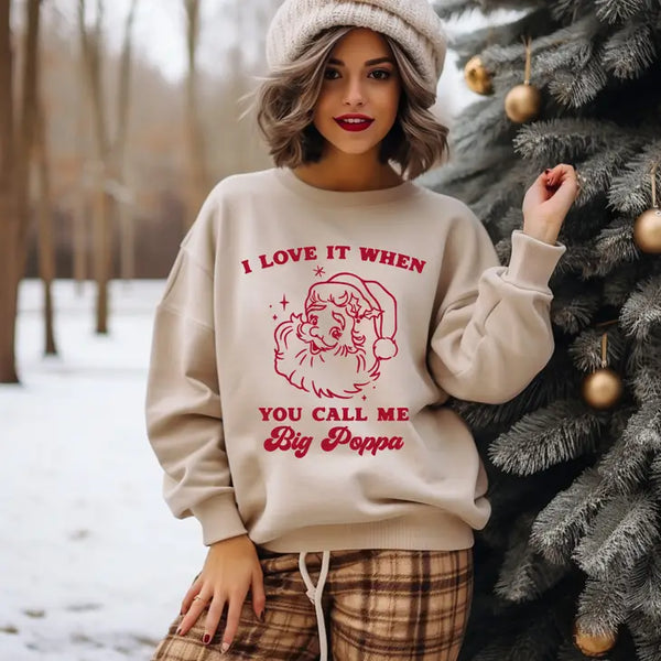 Call Me Big Poppa Santa Crew Neck Sweatshirt Sand