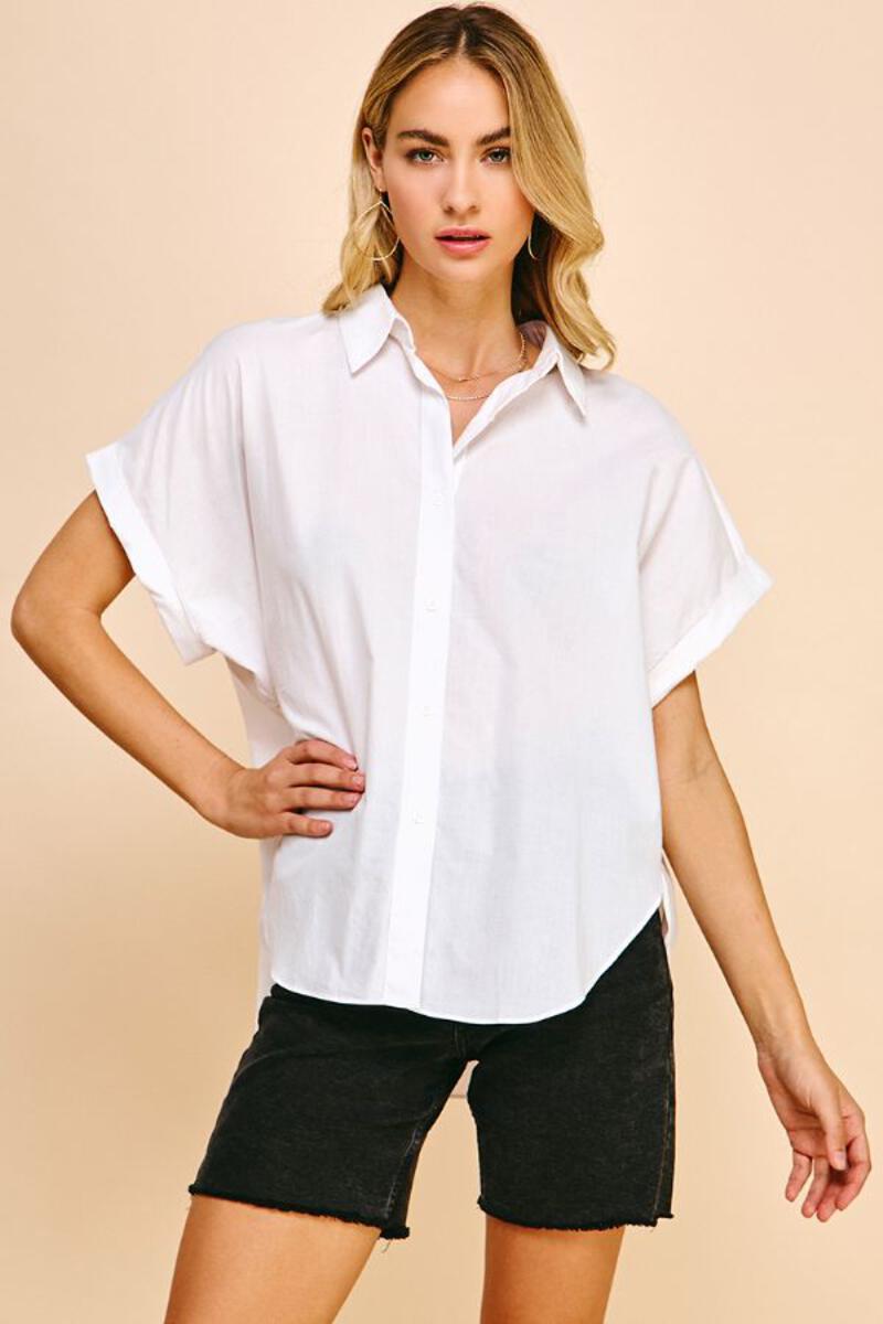 Folded Sleeve Button Down Woven Shirt White