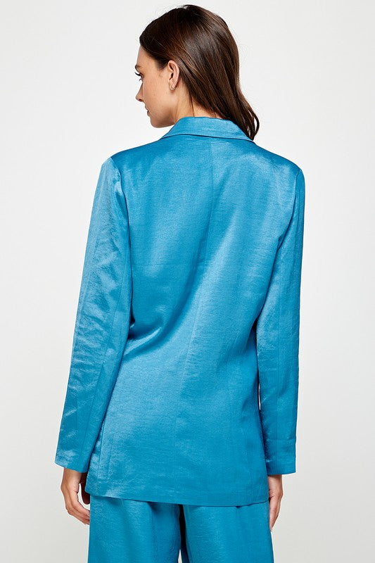 Oversize Textured Satin Feel Blazer Sea Breeze